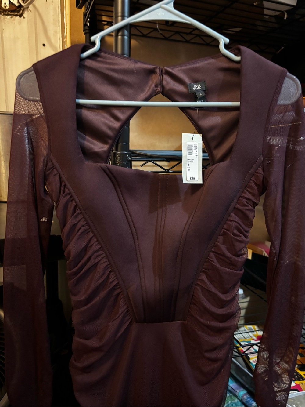 River Island Long Sleeve Ruched Dress in Plum